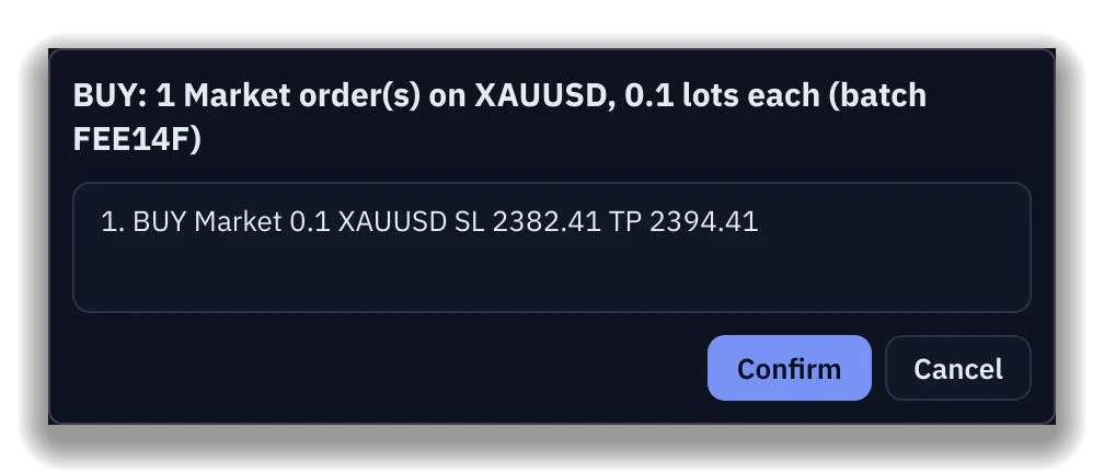 The order review sheet for a BUY with stop loss and take profit